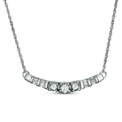 Lab-Created White Sapphire and 0.25 CT. T.W. Baguette Diamond Three Stone Curved Bar Necklace in Sterling Silver - 16.5"