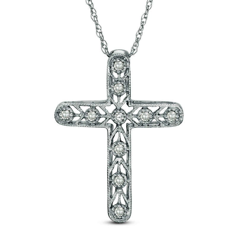 Natural Diamond Accent Antique Vintage-Style Chevron Cross Pendant in 10K White Gold