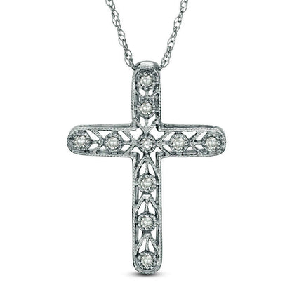 Natural Diamond Accent Antique Vintage-Style Chevron Cross Pendant in 10K White Gold