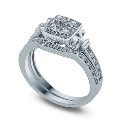 0.25 CT. T.W. Composite Natural Diamond Cushion Frame Bridal Engagement Ring Set in Sterling Silver