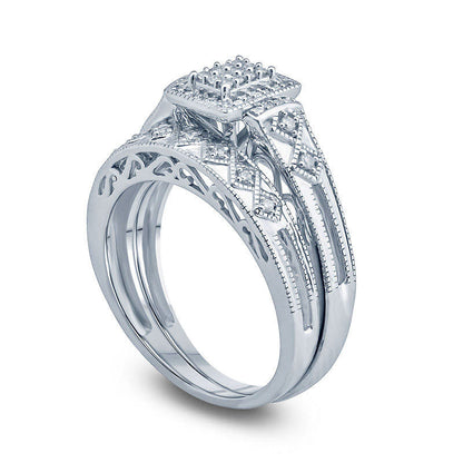 0.20 CT. T.W. Composite Natural Diamond Rectangle Frame Geometric Shank Bridal Engagement Ring Set in Sterling Silver