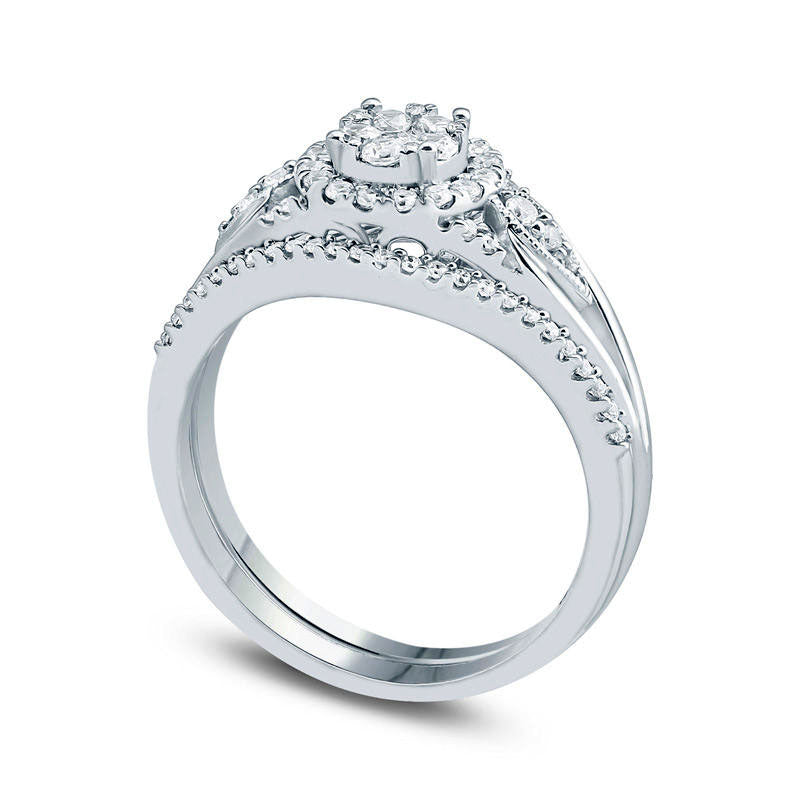 0.50 CT. T.W. Composite Natural Diamond Flower Frame Petal-Sides Bridal Engagement Ring Set in Solid 10K White Gold