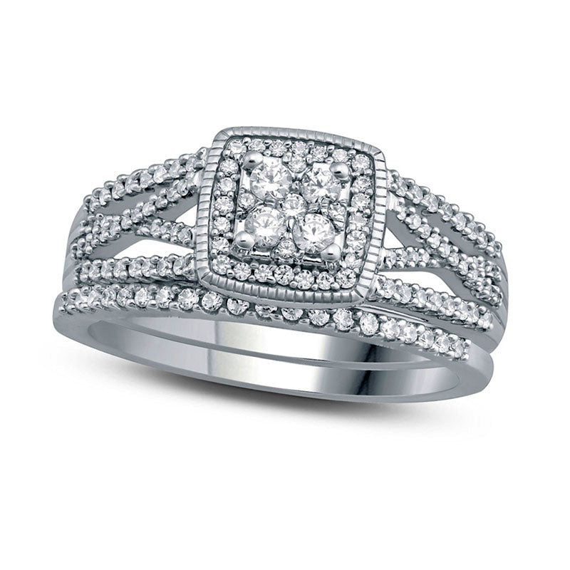 0.50 CT. T.W. Composite Natural Diamond Cushion Frame X" Open Shank Bridal Engagement Ring Set in Solid 10K White Gold"