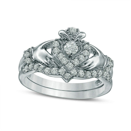 0.50 CT. T.W. Natural Diamond Claddagh Bridal Engagement Ring Set in Solid 10K White Gold