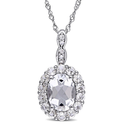 Oval White Topaz and Natural Diamond Accent Frame Pendant in 14K White Gold – 17"
