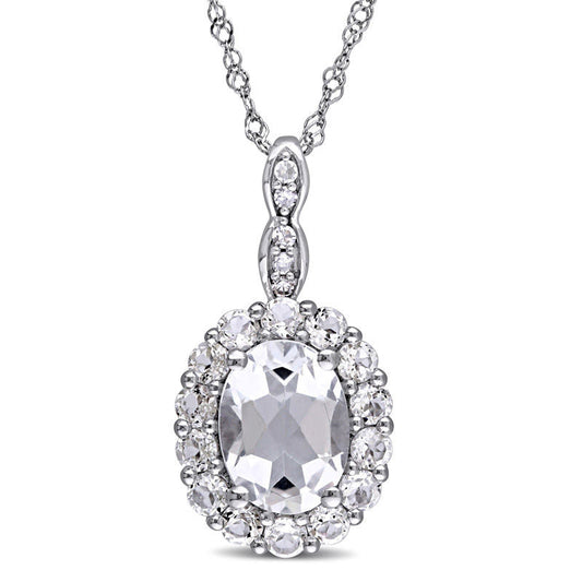 Oval White Topaz and Natural Diamond Accent Frame Pendant in 14K White Gold – 17"