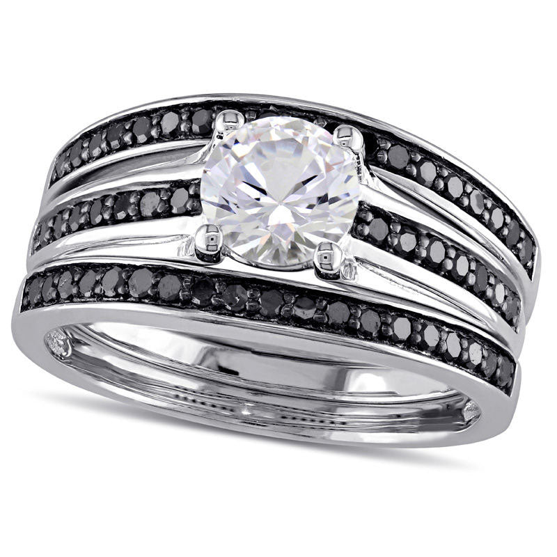 6.5mm Lab-Created White Sapphire and 0.50 CT. T.W. Enhanced Black Diamond Three Piece Bridal Engagement Ring Set in Sterling Silver
