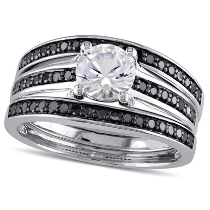 6.5mm Lab-Created White Sapphire and 0.50 CT. T.W. Enhanced Black Diamond Three Piece Bridal Engagement Ring Set in Sterling Silver
