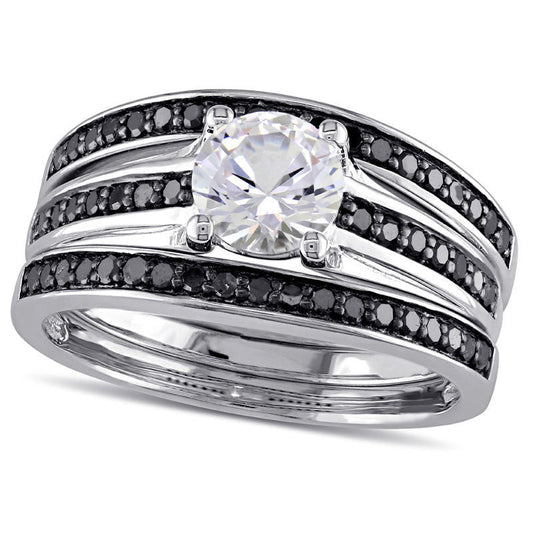 6.5mm Lab-Created White Sapphire and 0.50 CT. T.W. Enhanced Black Diamond Three Piece Bridal Engagement Ring Set in Sterling Silver
