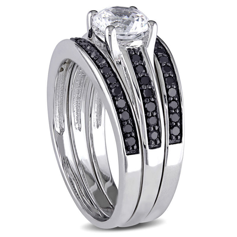 6.5mm Lab-Created White Sapphire and 0.50 CT. T.W. Enhanced Black Diamond Three Piece Bridal Engagement Ring Set in Sterling Silver