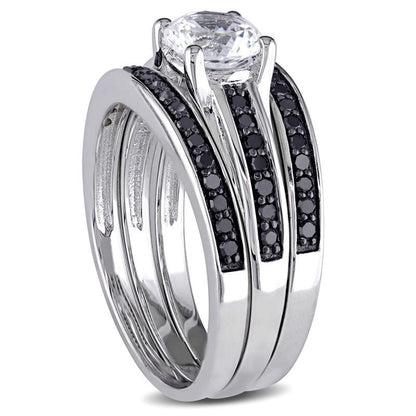 6.5mm Lab-Created White Sapphire and 0.50 CT. T.W. Enhanced Black Diamond Three Piece Bridal Engagement Ring Set in Sterling Silver