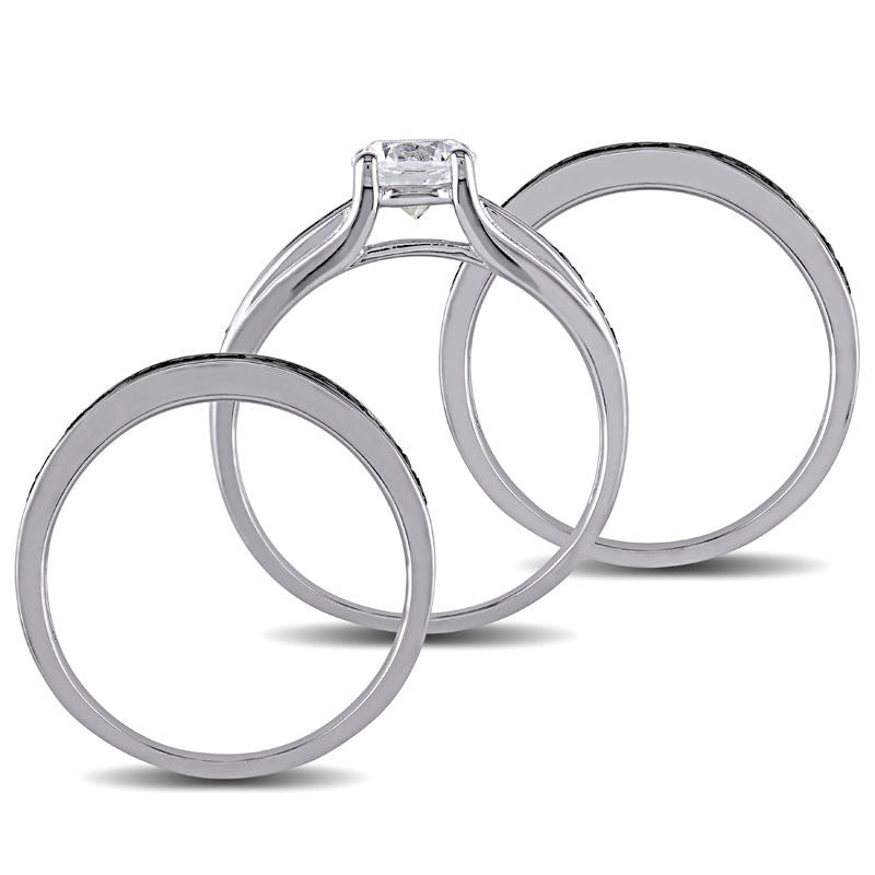 6.5mm Lab-Created White Sapphire and 0.50 CT. T.W. Enhanced Black Diamond Three Piece Bridal Engagement Ring Set in Sterling Silver