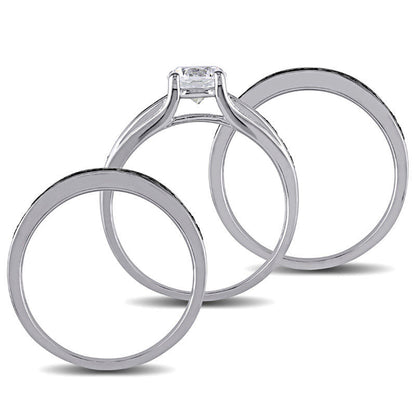 6.5mm Lab-Created White Sapphire and 0.50 CT. T.W. Enhanced Black Diamond Three Piece Bridal Engagement Ring Set in Sterling Silver