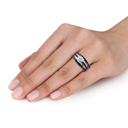 6.5mm Lab-Created White Sapphire and 0.50 CT. T.W. Enhanced Black Diamond Three Piece Bridal Engagement Ring Set in Sterling Silver