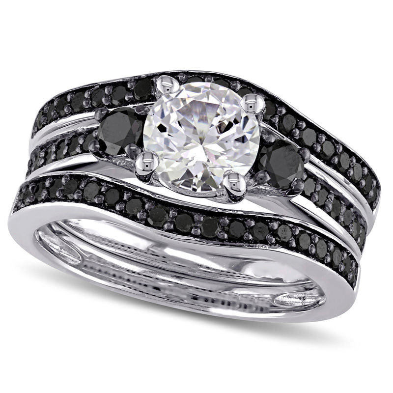 6.5mm Lab-Created White Sapphire and 0.75 CT. T.W. Enhanced Black Diamond Three Piece Bridal Engagement Ring Set in Sterling Silver