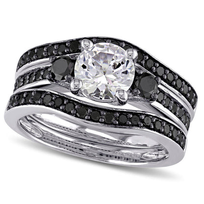 6.5mm Lab-Created White Sapphire and 0.75 CT. T.W. Enhanced Black Diamond Three Piece Bridal Engagement Ring Set in Sterling Silver