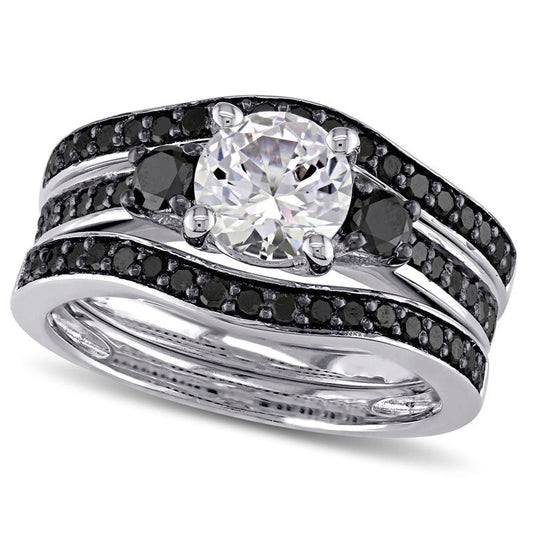 6.5mm Lab-Created White Sapphire and 0.75 CT. T.W. Enhanced Black Diamond Three Piece Bridal Engagement Ring Set in Sterling Silver