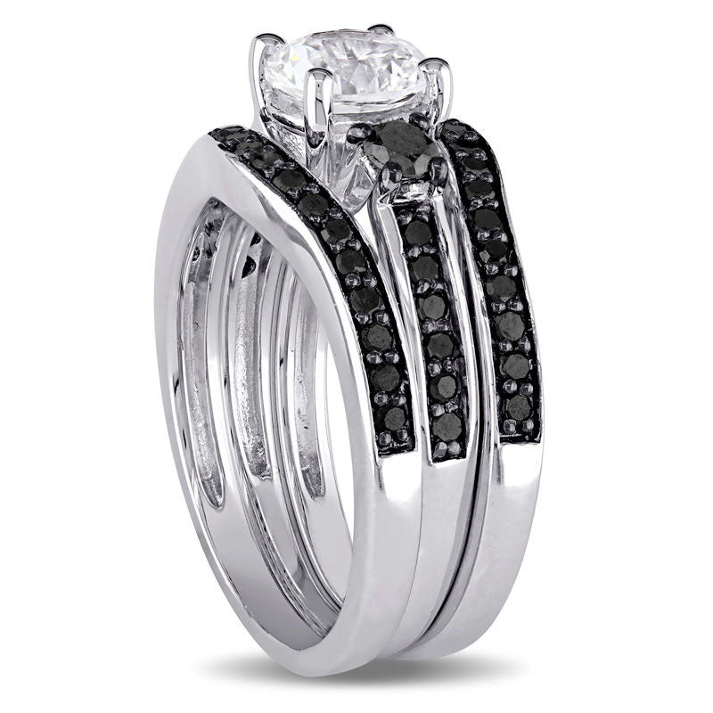 6.5mm Lab-Created White Sapphire and 0.75 CT. T.W. Enhanced Black Diamond Three Piece Bridal Engagement Ring Set in Sterling Silver