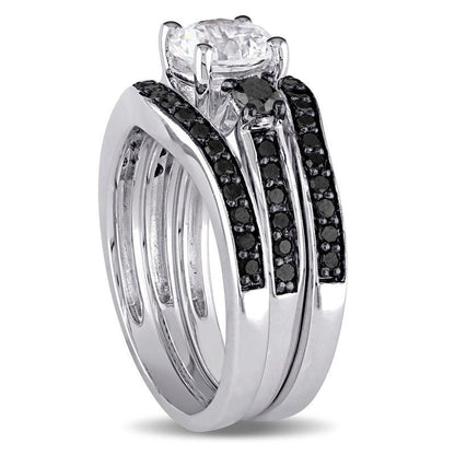6.5mm Lab-Created White Sapphire and 0.75 CT. T.W. Enhanced Black Diamond Three Piece Bridal Engagement Ring Set in Sterling Silver