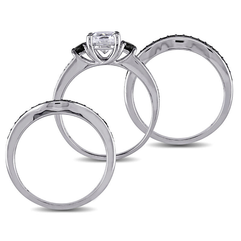 6.5mm Lab-Created White Sapphire and 0.75 CT. T.W. Enhanced Black Diamond Three Piece Bridal Engagement Ring Set in Sterling Silver
