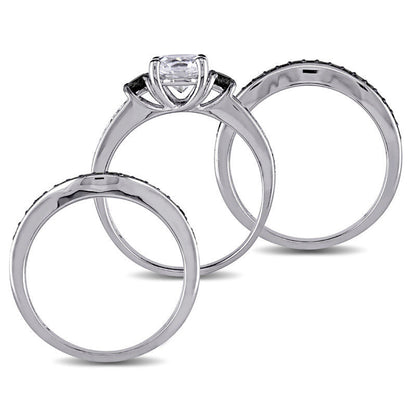 6.5mm Lab-Created White Sapphire and 0.75 CT. T.W. Enhanced Black Diamond Three Piece Bridal Engagement Ring Set in Sterling Silver