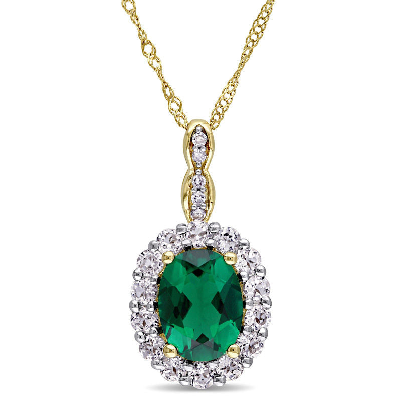 Oval Lab-Created Emerald, White Topaz and Diamond Accent Frame Pendant in 14K Gold – 17"