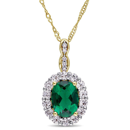 Oval Lab-Created Emerald, White Topaz and Diamond Accent Frame Pendant in 14K Gold – 17"