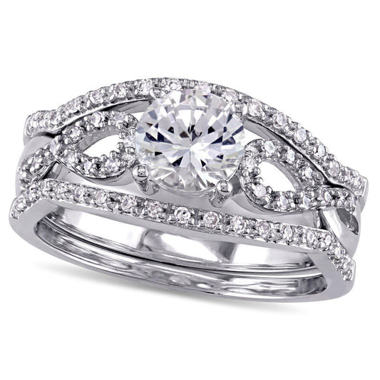 6.0mm Lab-Created White Sapphire and 0.20 CT. T.W. Diamond Loop Three Piece Bridal Engagement Ring Set in Solid 10K White Gold