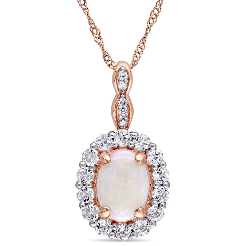 Oval Opal, White Topaz and Natural Diamond Accent Frame Pendant in 14K Rose Gold – 17"