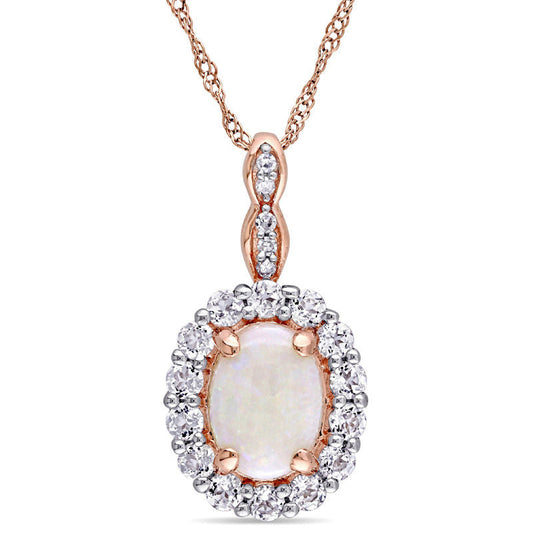 Oval Opal, White Topaz and Natural Diamond Accent Frame Pendant in 14K Rose Gold – 17"