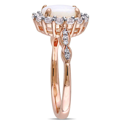 Oval Opal, White Topaz and Natural Diamond Accent Frame Ring in Solid 14K Rose Gold