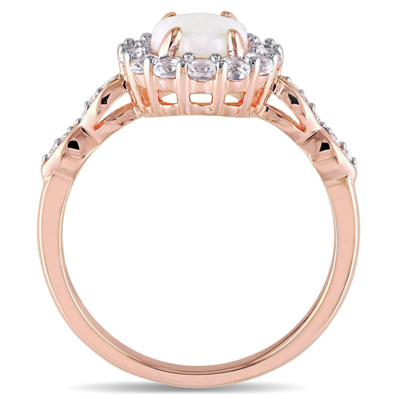 Oval Opal, White Topaz and Natural Diamond Accent Frame Ring in Solid 14K Rose Gold