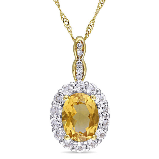 Oval Citrine, White Topaz and Natural Diamond Accent Frame Pendant in 14K Gold – 17"