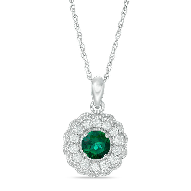 6.0mm Lab-Created Emerald and White Sapphire Flower Pendant in Sterling Silver