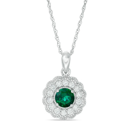 6.0mm Lab-Created Emerald and White Sapphire Flower Pendant in Sterling Silver