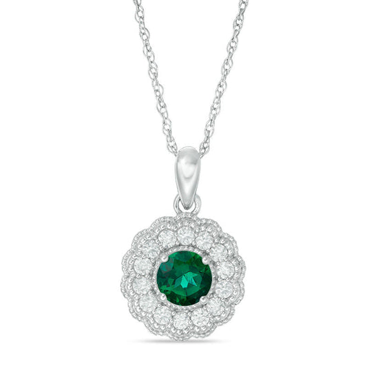 6.0mm Lab-Created Emerald and White Sapphire Flower Pendant in Sterling Silver