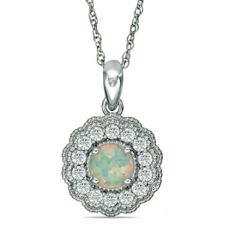 6.0mm Lab-Created Opal and White Sapphire Flower Pendant in Sterling Silver
