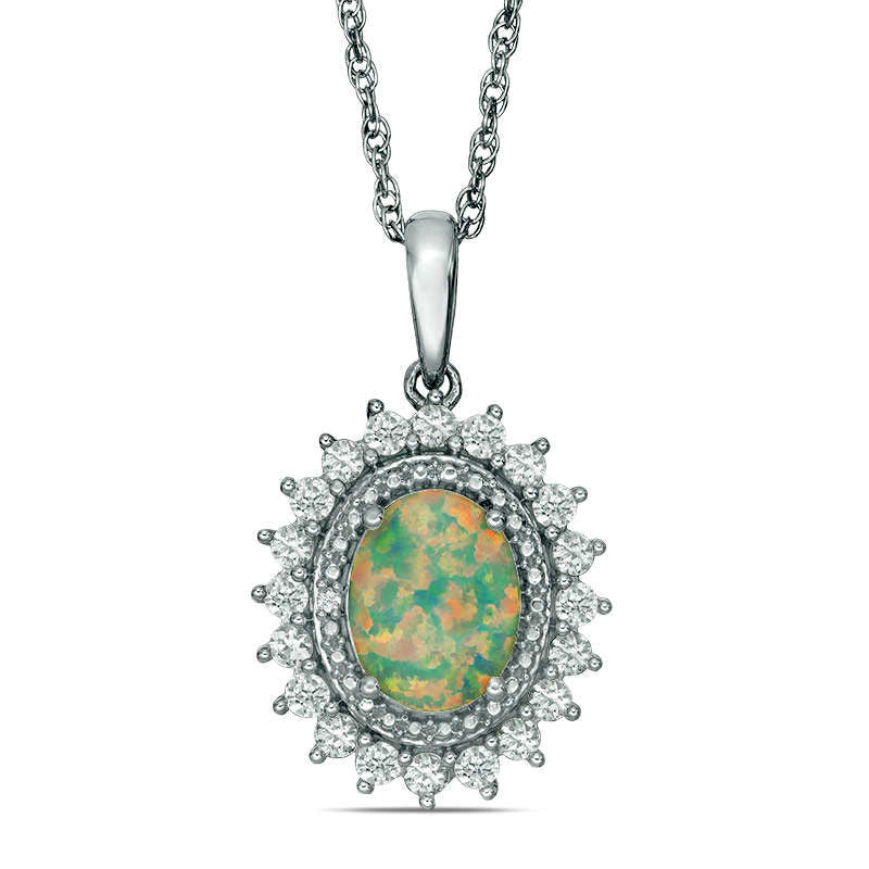 Oval Lab-Created Opal and White Sapphire Flower Frame Pendant in Sterling Silver