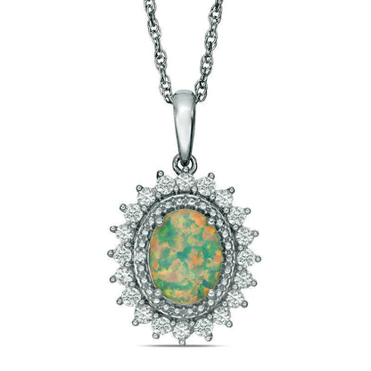 Oval Lab-Created Opal and White Sapphire Flower Frame Pendant in Sterling Silver