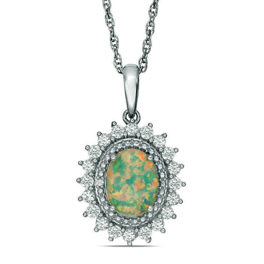 Oval Lab-Created Opal and White Sapphire Flower Frame Pendant in Sterling Silver