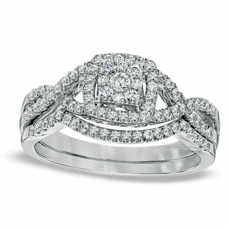 0.50 CT. T.W. Natural Diamond Cluster Twist Shank Bridal Engagement Ring Set in Solid 10K White Gold