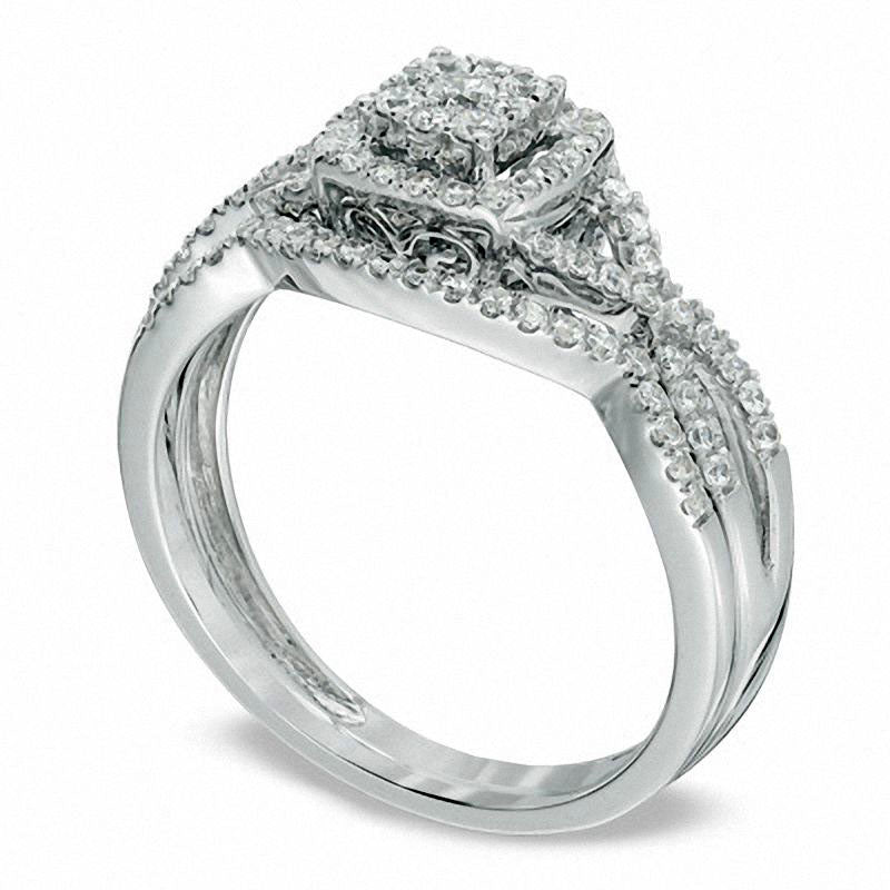 0.50 CT. T.W. Natural Diamond Cluster Twist Shank Bridal Engagement Ring Set in Solid 10K White Gold