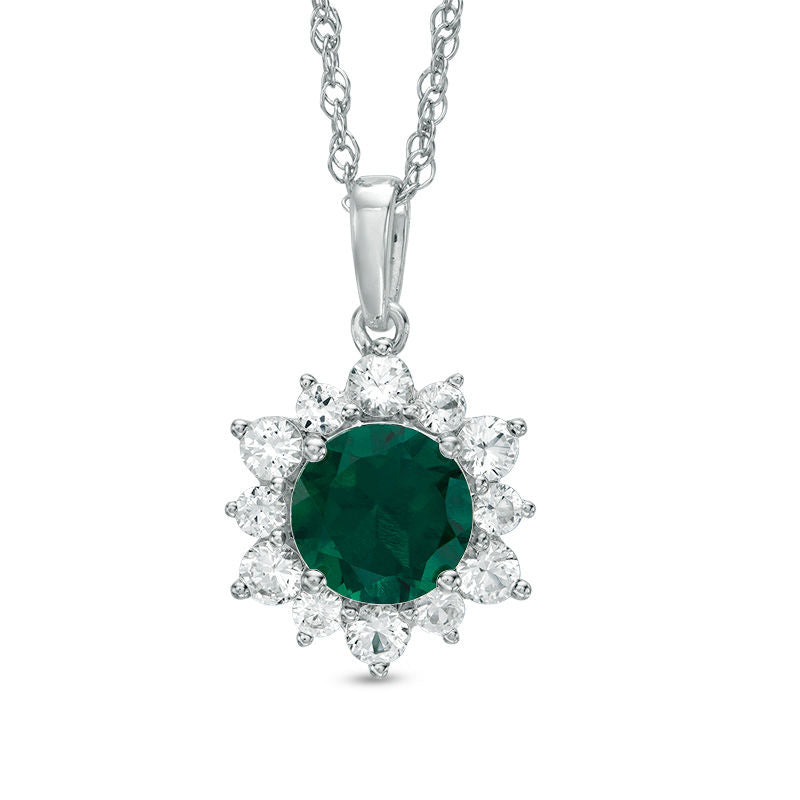 7.0mm Lab-Created Emerald and White Sapphire Sunburst Pendant in Sterling Silver