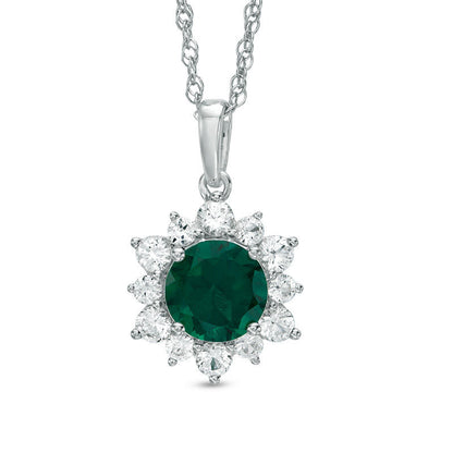 7.0mm Lab-Created Emerald and White Sapphire Sunburst Pendant in Sterling Silver