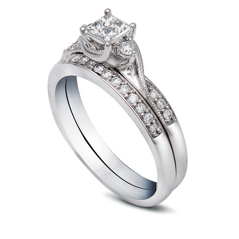 0.33 CT. T.W. Quad Princess-Cut Natural Diamond Bridal Engagement Ring Set in Solid 10K White Gold