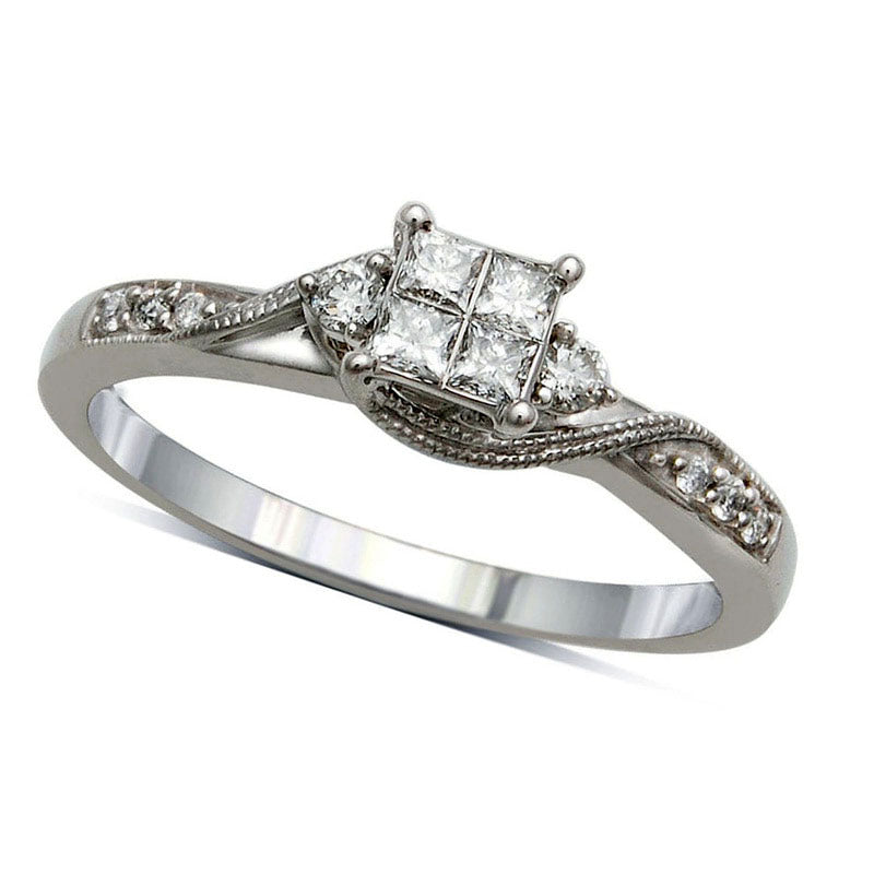 0.33 CT. T.W. Quad Princess-Cut Natural Diamond Bridal Engagement Ring Set in Solid 10K White Gold