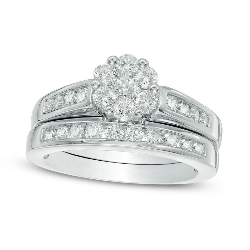 1.0 CT. T.W. Natural Diamond Flower Bridal Engagement Ring Set in Solid 10K White Gold