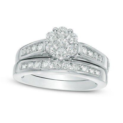 1.0 CT. T.W. Natural Diamond Flower Bridal Engagement Ring Set in Solid 10K White Gold
