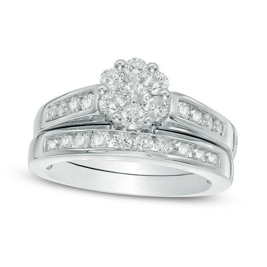 1.0 CT. T.W. Natural Diamond Flower Bridal Engagement Ring Set in Solid 10K White Gold