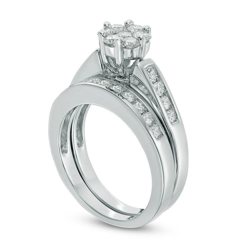 1.0 CT. T.W. Natural Diamond Flower Bridal Engagement Ring Set in Solid 10K White Gold